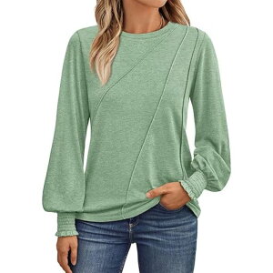 �C�G�X�t�@�b�V���� ���f�B�[�X �g�b�v�X �V���c �N���[�l�b�N �v���[�c Yesfashion Womens Long Sleeve Shirts Pleated Crew Neck Casual Fall Tops Loose Fit Lightweight Outfits Clothes Green �O���[��