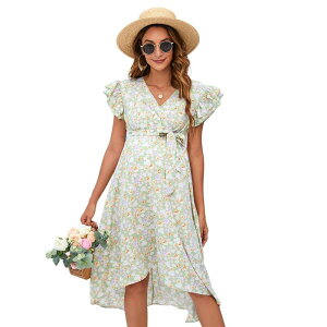 �y���������z �Z�I���A ���f�B�[�X �����s�[�X �g�b�v�X Women Maternity V Neck Ruffle Sleeve Dress with Belt Light Green Floral