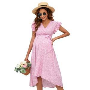 �Z�I���A ���f�B�[�X �g�b�v�X �����s�[�X V�l�b�N �t���� �}�^�j�e�B Seoria Women Maternity V Neck Ruffle Sleeve Dress with Belt Pink Floral �s���N