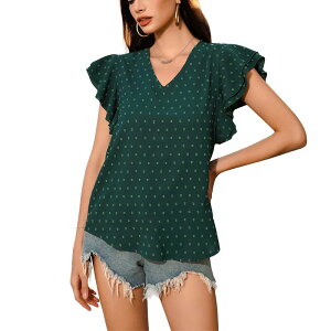 �N���A�t�����[ ���f�B�[�X �g�b�v�X �V���c V�l�b�N �t���� �u���E�X ClearFlower Women's V Neck Ruffle Short Sleeve Blouse Summer Textured Lightweight Casual Daily Top Dark Green �O���[��