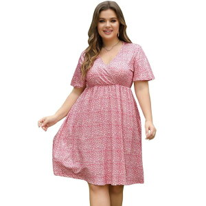 �y���������z �Z�I���A ���f�B�[�X �����s�[�X �g�b�v�X Women's Plus Size Floral Midi Dress Wrap V Neck Ruffle Short Sleeve A Line Casual Dress Pink Leopard Print