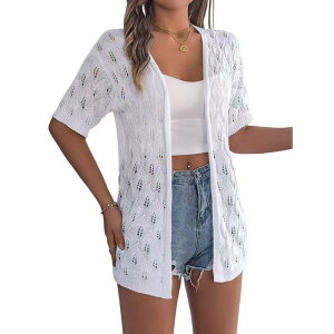 �G���[�g�X�s���b�g ���f�B�[�X �A�E�^�[ �j�b�g�E�Z�[�^�[ �J�[�f�B�K�� EliteSpirit Women Lightweight Crochet Cardigan Short Sleeve Open Front Knit Sweater Summer Hollow Out Cover Up White �z���C�g