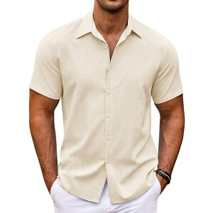 �N�[�t�@���f�B ���f�B�[�X �g�b�v�X T�V���c ���l�� COOFANDY Men'short Sleeve Linen Shirt Cuban Guayabera Shirtsummer Beach Tops Beige �x�[�W��