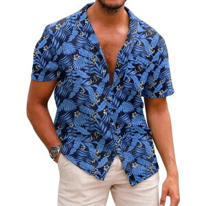 �N�[�t�@���f�B ���f�B�[�X �g�b�v�X T�V���c �{�^���_�E�� COOFANDY Mens Hawaiian Shirtshort Sleeve Casual Button Down Tropical Beach Shirt Black Royal Blue Leaf �u���b�N