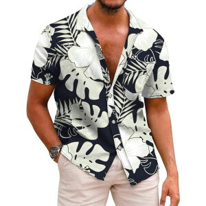 �N�[�t�@���f�B ���f�B�[�X �g�b�v�X T�V���c �{�^���_�E�� COOFANDY Mens Hawaiian Shirtshort Sleeve Casual Button Down Tropical Beach Shirt Black White Leaf �z���C�g