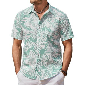 �N�[�t�@���f�B ���f�B�[�X �g�b�v�X T�V���c �{�^���_�E�� COOFANDY Mens Hawaiian Shirtshort Sleeve Casual Button Down Tropical Beach Shirt Light Green White Leaf �z���C�g