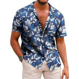 �N�[�t�@���f�B ���f�B�[�X �g�b�v�X T�V���c �{�^���_�E�� COOFANDY Mens Hawaiian Shirtshort Sleeve Casual Button Down Tropical Beach Shirt Royal Blue White Leaf �z���C�g