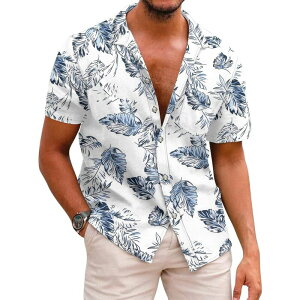 �N�[�t�@���f�B ���f�B�[�X �g�b�v�X T�V���c �{�^���_�E�� COOFANDY Mens Hawaiian Shirtshort Sleeve Casual Button Down Tropical Beach Shirt White Light Blue Leaf �z���C�g