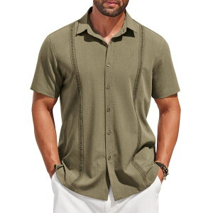 �N�[�t�@���f�B ���f�B�[�X �g�b�v�X T�V���c �{�^���_�E�� COOFANDY Menshort Sleeve Cuban Guayabera Shirt Casual Summer Beach Button Down Shirts Army Green �O���[��
