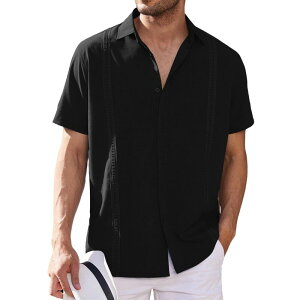 �N�[�t�@���f�B ���f�B�[�X �g�b�v�X T�V���c �{�^���_�E�� COOFANDY Menshort Sleeve Cuban Guayabera Shirt Casual Summer Beach Button Down Shirts Black �u���b�N
