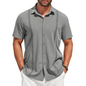 �N�[�t�@���f�B ���f�B�[�X �g�b�v�X T�V���c �{�^���_�E�� COOFANDY Menshort Sleeve Cuban Guayabera Shirt Casual Summer Beach Button Down Shirts Light Grey �O���[