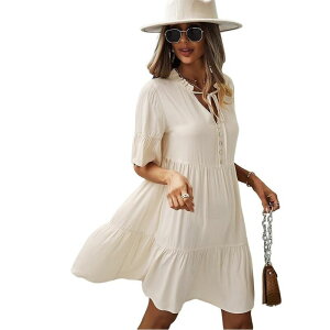 �N���A���u ���f�B�[�X �g�b�v�X �����s�[�X V�l�b�N �~�f�B Clearlove Womensummer Dress Flutter Short Sleeve Smock Midi Dress V Neck Sundress Gathered Hem Beach Dress Apricot �A�v���R�b�g