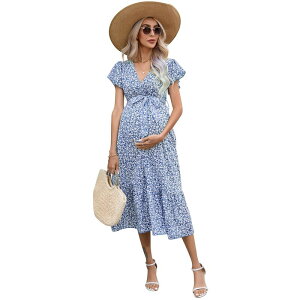 �R�W���C�� ���f�B�[�X �g�b�v�X �����s�[�X V�l�b�N �}�^�j�e�B Kojooin Women's Maternity Short Sleeve V Neck Dress Blue �u���[