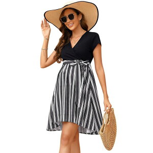 �Z�I���A ���f�B�[�X �g�b�v�X �����s�[�X V�l�b�N �}�^�j�e�B Seoria Women Maternity V Neck Tie Waist Color Block Dress Black White Strip �z���C�g