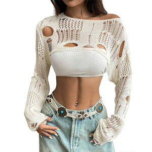 �G���[�g�X�s���b�g ���f�B�[�X �g�b�v�X T�V���c �J�b�g�A�E�g �j�b�g EliteSpirit Women's Distressed Crochet Crop Top Long Sleeve Off Shoulder Cutout Knit Shrug Beige �x�[�W��