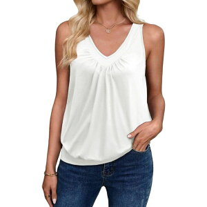 �W�[�O�[ ���f�B�[�X �g�b�v�X T�V���c V�l�b�N �M���U�[ �m�[�X���[�u Zeagoo Women's Loose Fit V Neck Ruched Sleeveless Tank Tops Casual Basic Banded Bottom Cami Shirts White �z���C�g