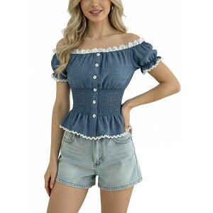 �{�f�B�T�C�Y ���f�B�[�X �g�b�v�X T�V���c �v���[�c �u���E�X ���[�X BODDYSIZE Women's Pleated Waisted Blouse Slim Fitting Short Sleeved Tops Lace Off Shoulder Stylish Blue �u���[