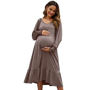 �R�W���C�� ���f�B�[�X �g�b�v�X �����s�[�X �t���� �}�^�j�e�B Kojooin Women's Maternity Dress Ruffle Long Sleeve Pregnancy Clothes Khaki �J�[�L