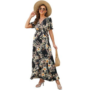 �y���������z �Z�I���A ���f�B�[�X �����s�[�X �g�b�v�X Womens Maternity Dress Short Sleeve V-Neck Ruffle Maxi Dress Black Flower