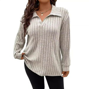 �G���[�g�`���C�X ���f�B�[�X �g�b�v�X T�V���c V�l�b�N �v���X�T�C�Y ���u Elitechoice Plusize Basic V Neck Collared Long Sleeve T Shirts for Women Ribbed Casual Tees Apricot �A�v���R�b�g