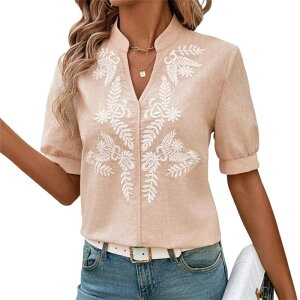 �G���[�g�`���C�X ���f�B�[�X �g�b�v�X �V���c V�l�b�N �R�b�g�� �h�J �u���E�X Elitechoice Women's Cotton V-Neck Embroidered Blouse Stand Collar Puff Sleeve Casual Shirt Apricot �A�v���R�b�g