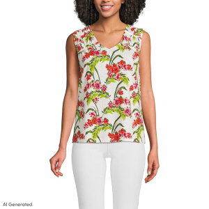 �����Y�G���h ���f�B�[�X �g�b�v�X T�V���c �V���[�����O ���l�� Women's Lands' End Linen Blend Smocked Flowy Tank Top in Regular Ivory Pink Floral �A�C�{���[