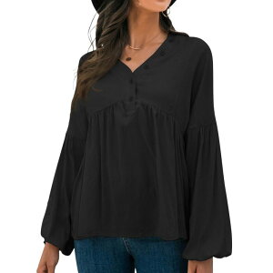 �A���i�J�V ���f�B�[�X �g�b�v�X �V���c Anna-Kaci Women's Long Sleeve Button Front Peasantop with Gathered Waist and Flowy Fit Black �u���b�N