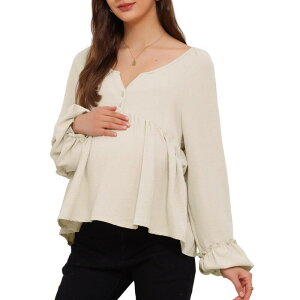 �C���X�p�C�A �V�b�N ���f�B�[�X �g�b�v�X �V���c �t���� �u���E�X �}�^�j�e�B INSPIRE CHIC Women's Maternity High Low Tops Long Lantern Sleeve Boho Babydoll Ruffled Flowy Pregnancy Blouse Beige �x�[�W��