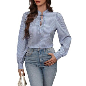 �C�G�X�t�@�b�V���� ���f�B�[�X �g�b�v�X �V���c �u���E�X Yesfashion Women'stripedressy Casual Blouses Tie Neck Lantern Long Sleeve Office Shirts Fall Outfits Blue Stripes �u���[