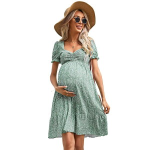 �Z�I���A ���f�B�[�X �g�b�v�X �����s�[�X A ���C�� �t���� �~�j �}�^�j�e�B Seoria Women's Maternity Dresses A Line Sweetheart Neck Ruffle Flowy Mini Boho Dress Green Floral �O���[��