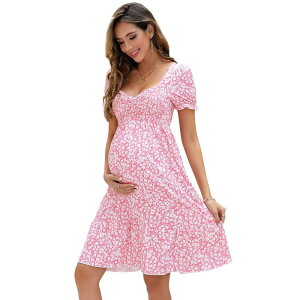 �Z�I���A ���f�B�[�X �g�b�v�X �����s�[�X A ���C�� �t���� �~�j �}�^�j�e�B Seoria Women's Maternity Dresses A Line Sweetheart Neck Ruffle Flowy Mini Boho Dress Pink �s���N