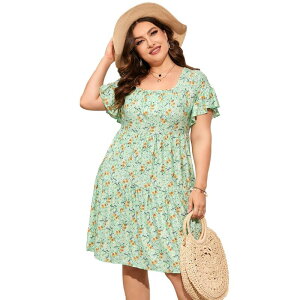 �y���������z �Z�I���A ���f�B�[�X �����s�[�X �g�b�v�X Plus Size Dress Women Square Neck Ruffle Sleeve Summer Dress Plus Size Dress Clothing Green Yellow