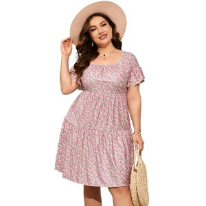 �Z�I���A ���f�B�[�X �g�b�v�X �����s�[�X �v���X�T�C�Y �t���� Seoria Plusize Dress Women Square Neck Ruffle Sleeve Summer Dress Plusize Dress Clothing Pink Purple �s���N