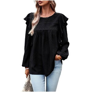 �C�G�X�t�@�b�V���� ���f�B�[�X �g�b�v�X T�V���c �N���[�l�b�N �t���� �u���E�X ���[�X Yesfashion Women's Casual Tops Crewneck Lace Crochet Flowy Ruffle Shoulder Long Sleeve Blouseshirts Black �u���b�N