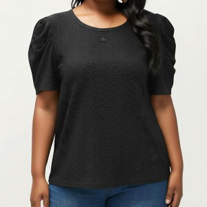 �A���i�J�V ���f�B�[�X �g�b�v�X T�V���c �N���[�l�b�N �v���X�T�C�Y �j�b�g Anna-Kaci Women's Plusize Short Sleeve Knitop with Puff Sleeves Textured Pattern Crew Neck Relaxed Shirt Black �u���b�N