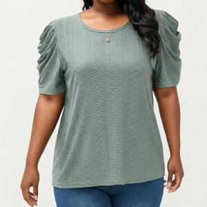 �A���i�J�V ���f�B�[�X �g�b�v�X T�V���c �N���[�l�b�N �v���X�T�C�Y �j�b�g Anna-Kaci Women's Plusize Short Sleeve Knitop with Puff Sleeves Textured Pattern Crew Neck Relaxed Shirt Green �O���[��