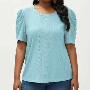 �A���i�J�V ���f�B�[�X �g�b�v�X T�V���c �N���[�l�b�N �v���X�T�C�Y �j�b�g Anna-Kaci Women's Plusize Short Sleeve Knitop with Puff Sleeves Textured Pattern Crew Neck Relaxed Shirt Light Blue �u���[