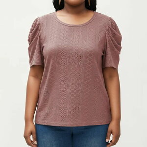 �A���i�J�V ���f�B�[�X �g�b�v�X T�V���c �N���[�l�b�N �v���X�T�C�Y �j�b�g Anna-Kaci Women's Plusize Short Sleeve Knitop with Puff Sleeves Textured Pattern Crew Neck Relaxed Shirt Mauve Pink �s���N