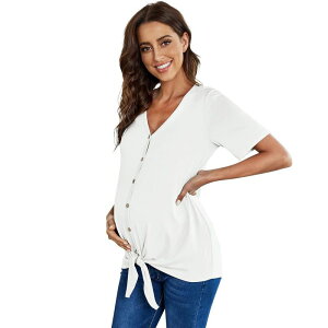 �R�W���C�� ���f�B�[�X �g�b�v�X �V���c V�l�b�N �}�^�j�e�B Kojooin Women Maternity Topshort Sleeve V Neck T Shirts Casual Buttonursing Tops Tie Knot Pregnancy White �z���C�g