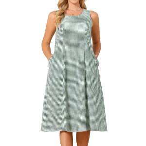 �C���X�p�C�A �V�b�N ���f�B�[�X �g�b�v�X �����s�[�X �m�[�X���[�u �}�L�V INSPIRE CHIC Women's Plaid Sleeveless Dresses Casualoose Fitank Maxi Dress with Pocketsummer Outfits Green �O���[��