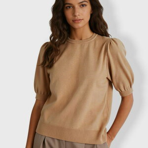 �N���A�t�����[ ���f�B�[�X �g�b�v�X �V���c �o���[���X���[�u �Z�[�^�[ �j�b�g ClearFlower Women Round Neck Short Sleeve Sweater with Balloon Sleeves Casualantern Sleeve Textured Knitop Apricot �A�v���R�b�g