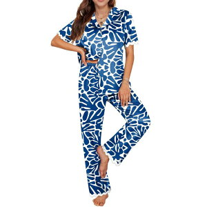 �G�R�A�[ ���f�B�[�X �A���_�[�E�F�A �i�C�g�E�F�A �{�^���_�E�� �p���c �_�E�� Ekouaer Womens Pajamaset Button Down 2 Piece Pjshort Sleeve Long Pantsleepwear Blue Leaf �u���[