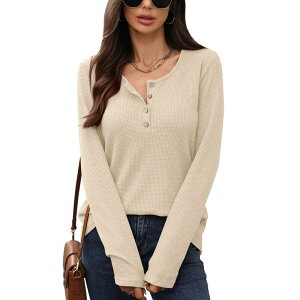 �G���[�g�X�s���b�g ���f�B�[�X �g�b�v�X T�V���c �j�b�g ���� EliteSpirit Women's Waffle-Knit Henley T-Shirt Loose-Fit Long-Sleeve Top Casual Button-Frontee Apricot �A�v���R�b�g