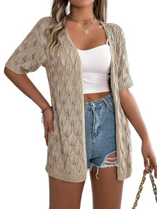 �G���[�g�`���C�X ���f�B�[�X �A�E�^�[ �j�b�g�E�Z�[�^�[ �J�[�f�B�K�� Elitechoice Women'short Sleeve Open Front Knit Cardigan Hollow Out Leaf Pattern Lightweight Cover Up Khaki �J�[�L