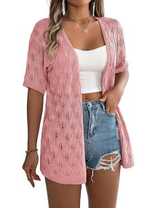 �G���[�g�`���C�X ���f�B�[�X �A�E�^�[ �j�b�g�E�Z�[�^�[ �J�[�f�B�K�� Elitechoice Women'short Sleeve Open Front Knit Cardigan Hollow Out Leaf Pattern Lightweight Cover Upink �s���N