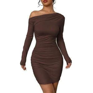 �C�G�X�t�@�b�V���� ���f�B�[�X �g�b�v�X �����s�[�X �M���U�[ �~�j Yesfashion Women's Long Sleeve Mini Dress Ruched Bodycon Tight Off Shoulder Dress Elegant Dresses Brown �u���E��