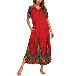 �G�R�A�[ ���f�B�[�X �A���_�[�E�F�A �i�C�g�E�F�A �V���c Ekouaer Long Nightgown Women's Loungewear Short Sleeve Sleepwear Fullength Sleep Shirt Red Print ���b�h