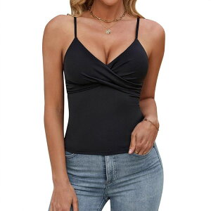 �W���C�W���C ���f�B�[�X �g�b�v�X T�V���c �X�����t�B�b�g V�l�b�N �v���[�c JoyJoy Tank Top for Women Cute Summer Tops Y2K Cross Pleated Trim V Neck Camisole Slim Fit Going Outops Black �u���b�N