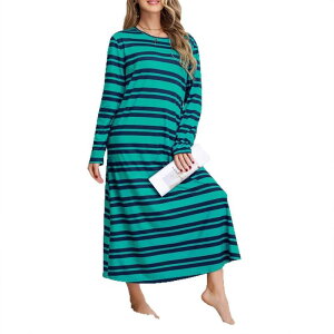 �N���A�t�����[ ���f�B�[�X �g�b�v�X �����s�[�X �N���[�l�b�N �}�L�V ClearFlower Women's Fall Casual Striped Maxi Dress Long Sleeve Loose Comfortable Crew Neck Everyday Long Dress Green �O���[��