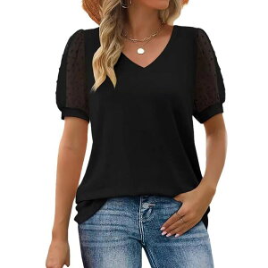 �W���C�W���C ���f�B�[�X �g�b�v�X T�V���c V�l�b�N ���b�V�� JoyJoy Women'summer V-Neck Short Sleeve T-Shirt Mesh Splice Loose Top Daily Loose Versatile Top Black �u���b�N